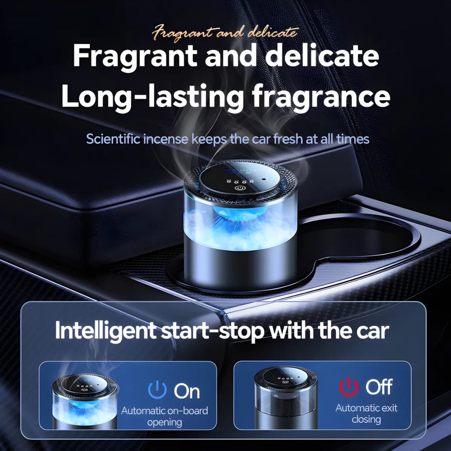 KYNE Smart Car Air Diffuser – AI Intelligent Fragrance Diffuser | 4-Color Ambient Light | Alcohol-Free Plant Extract | Auto Start-Stop