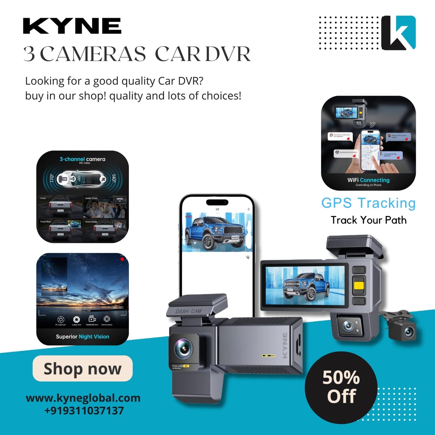 KYNE 4K Car DVR — Front 4K + Multi-Camera Support | Wi-Fi | GPS | Superior Night Vision