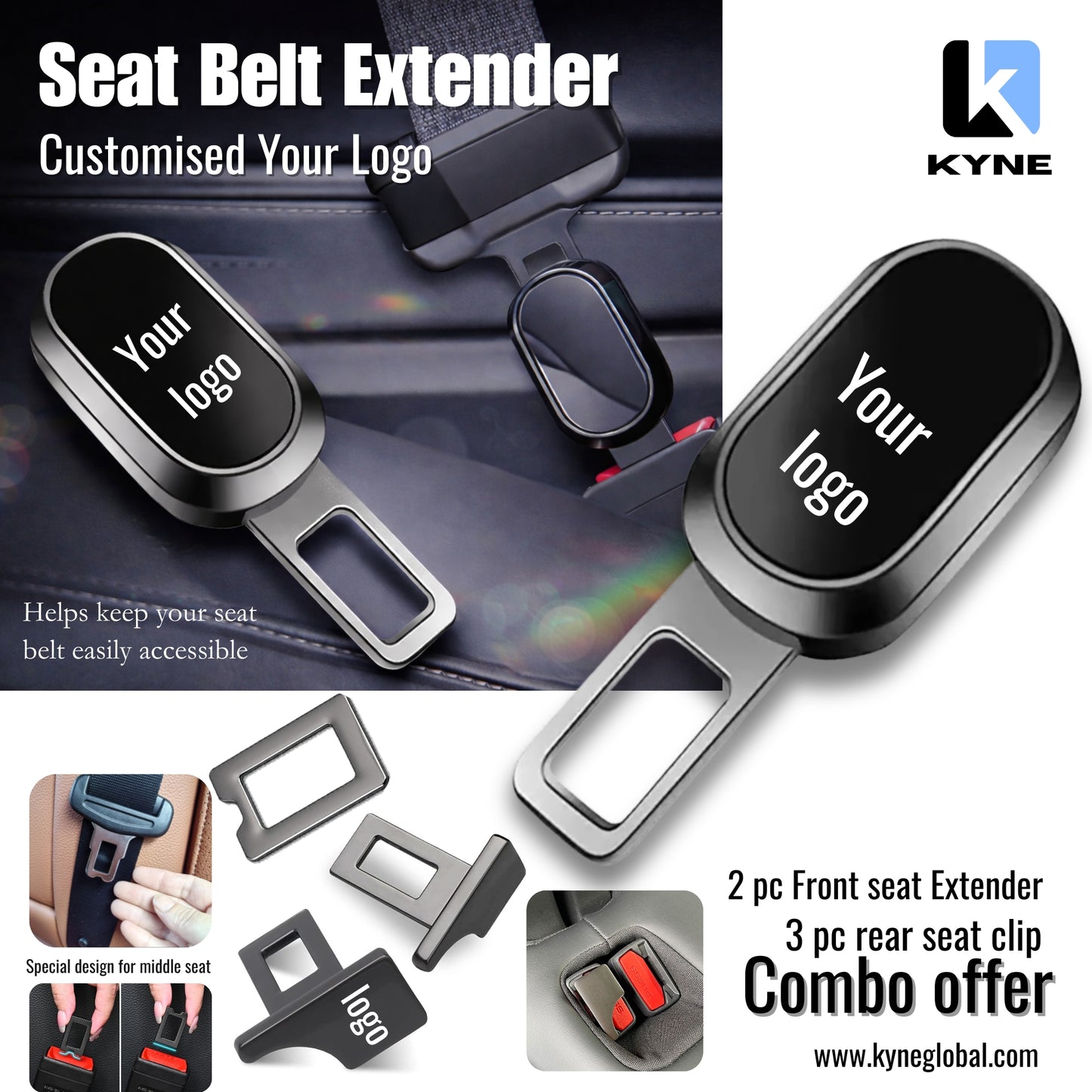 Premium Car Seat Belt Extender Clip - Universal Fit Metal Buckle with Custom Logo