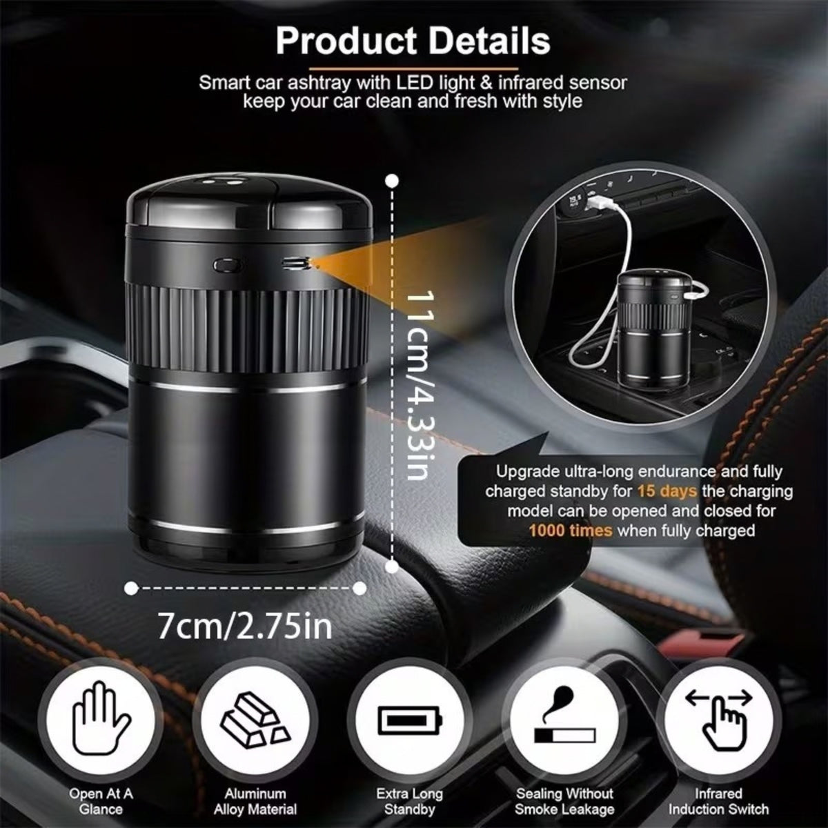 Car Smart Ashtray Automatic Opening Closing Infrared Sensor lid