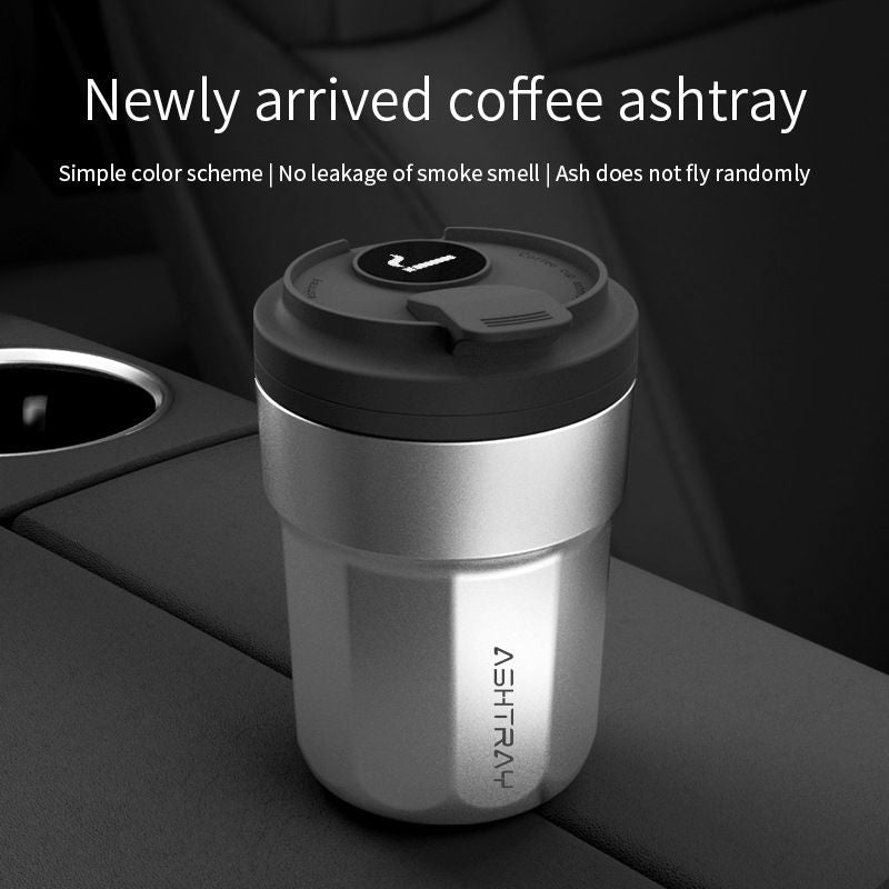 Car Cigarette Ashtray with Metal Lining,ABS Shell, 7-Color LED Light, Push-Style Splash-Proof Coffee Cup Style Car Ashtray
